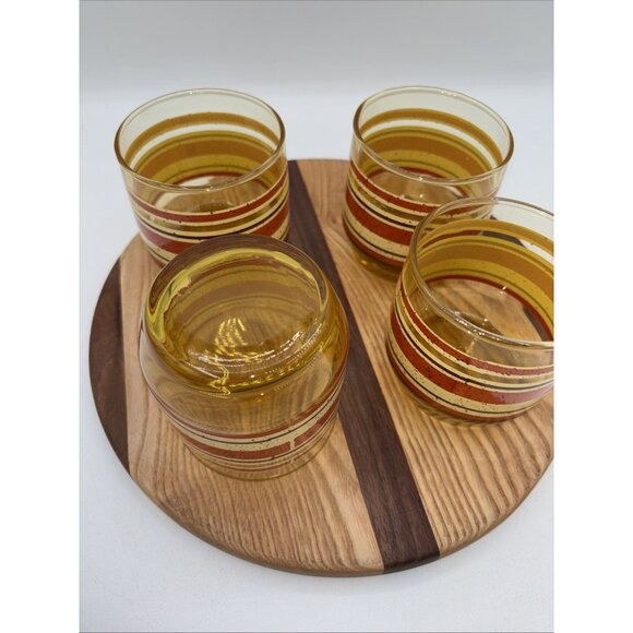 Vintage MCM Anchor Hocking Set of 4 Juice Glasses Amber Glass, Red/Brown Stripes - Picture 5 of 5